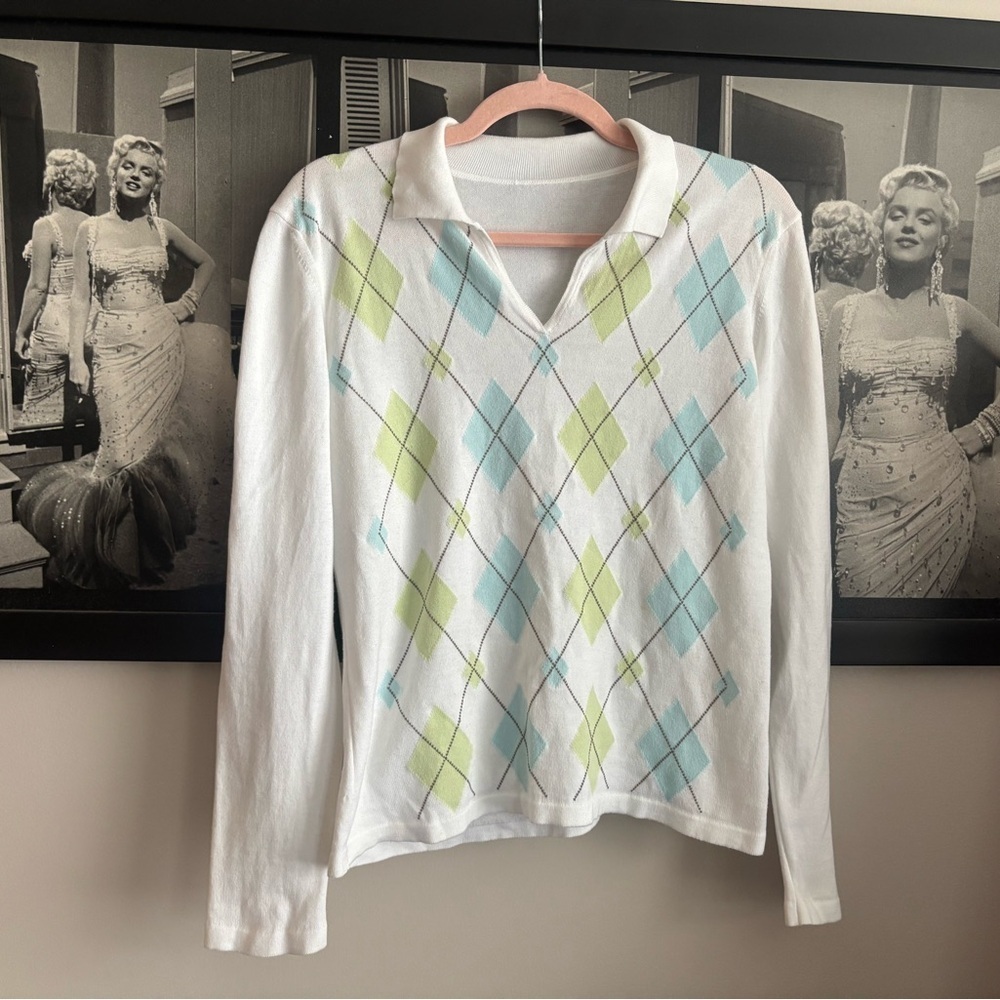 Talbots White Sweater with Blue and Green Argyle